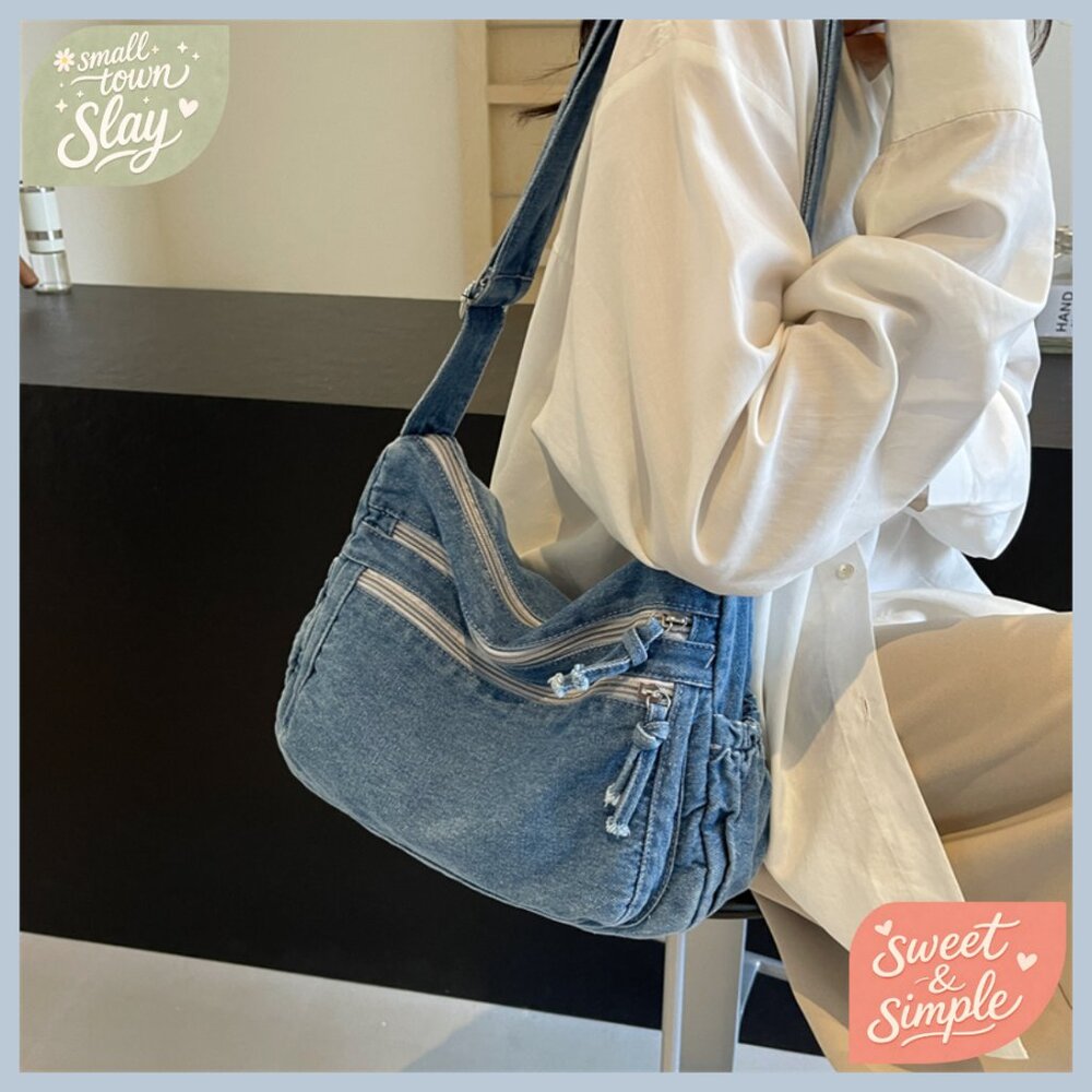 Denim Hobo Shoulder Bag with Adjustable Strap, Zipper Closure, Multiple Pockets - Picture 7 of 7